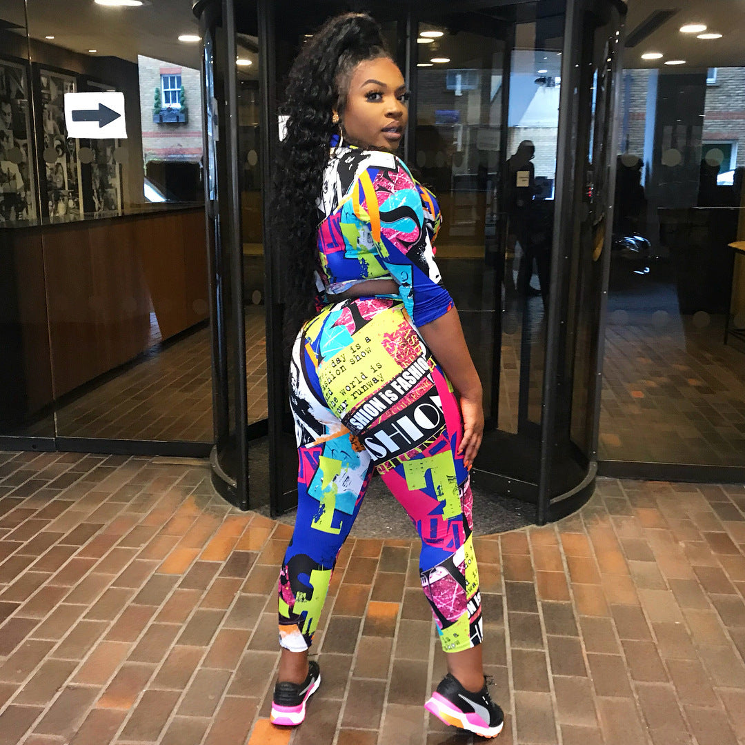 Graffiti Print Sexy Bandage Shirt Set