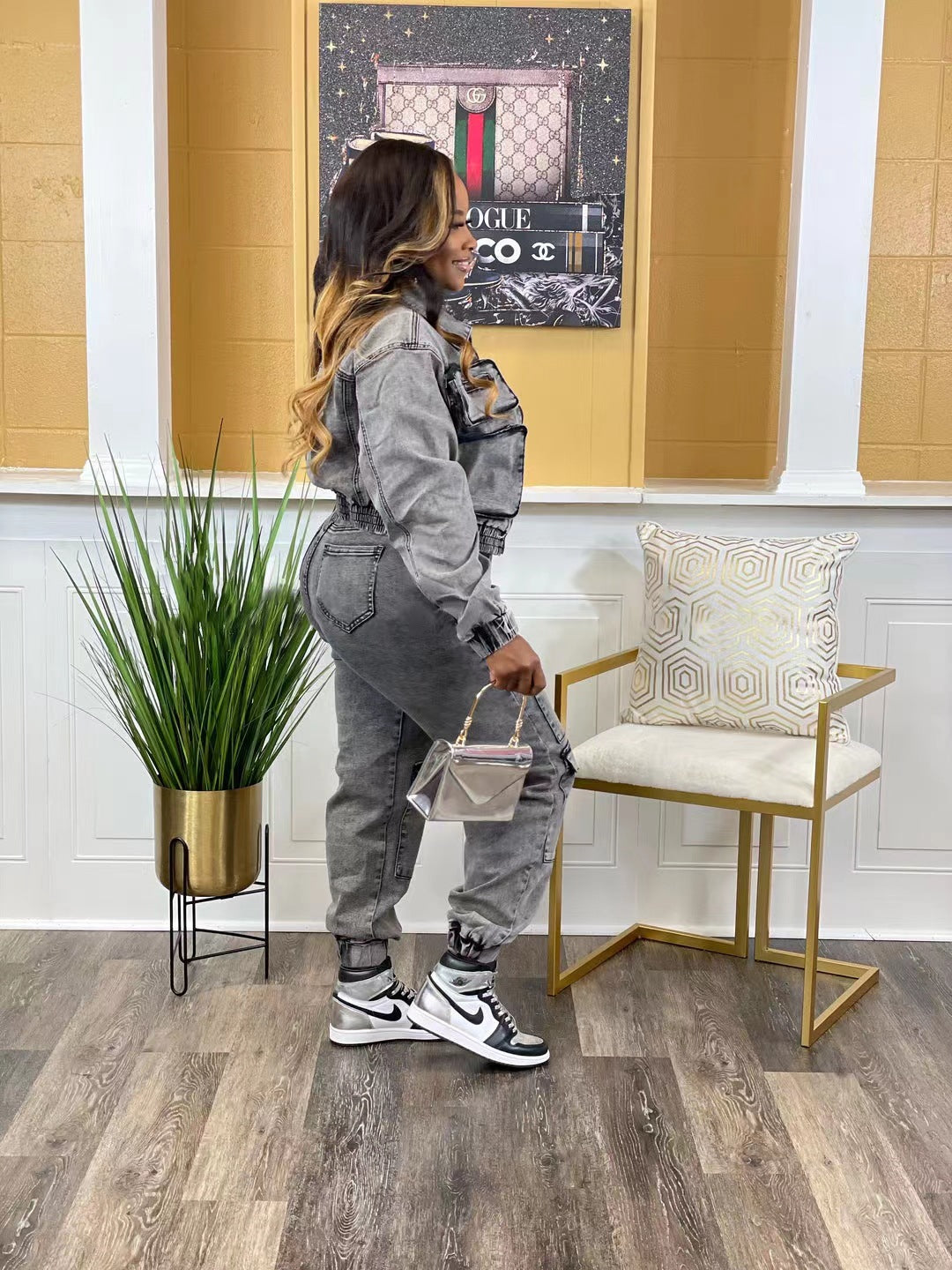 Fashionable High Elastic Multi-pocket Washed Denim Casual Suit