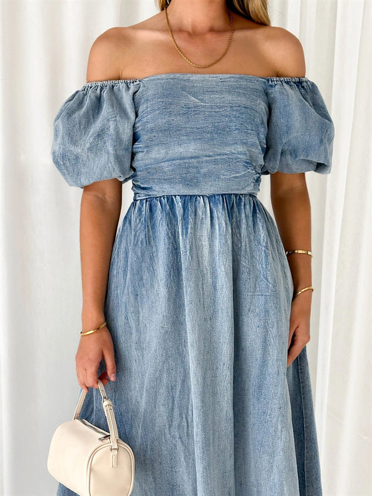 Elegant Puff Sleeve Waisted Long Denim Dress with Elastic Waist