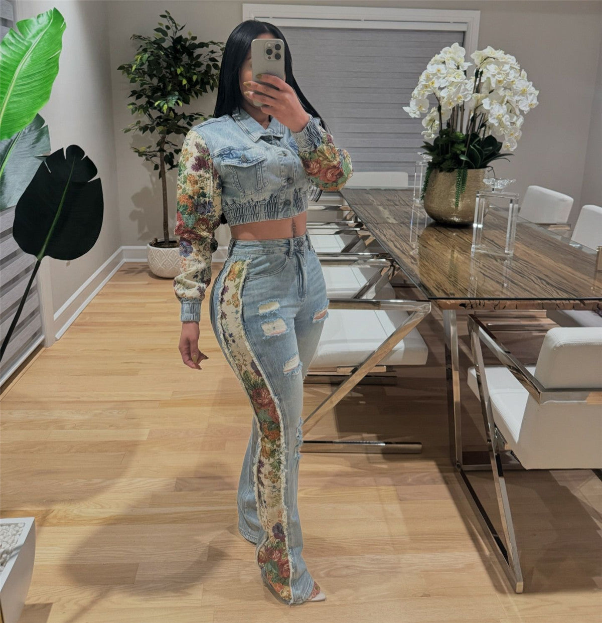 Fashion Printed Colorblock Denim Jacket Jeans Set