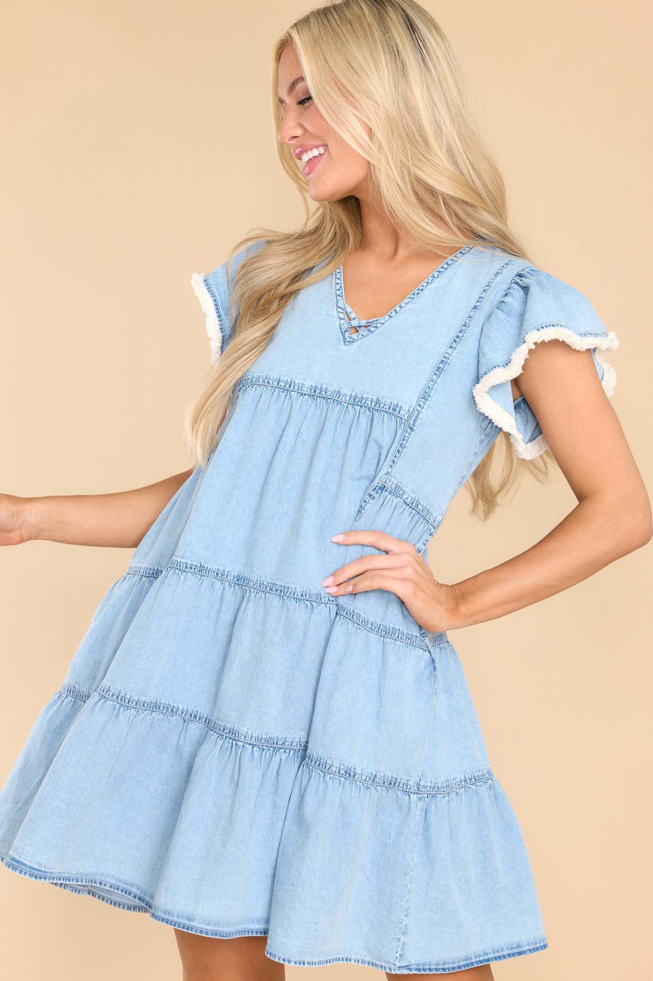 Fashion Loose Ruffle Sleeve Denim Short Sleeve Cake Dress
