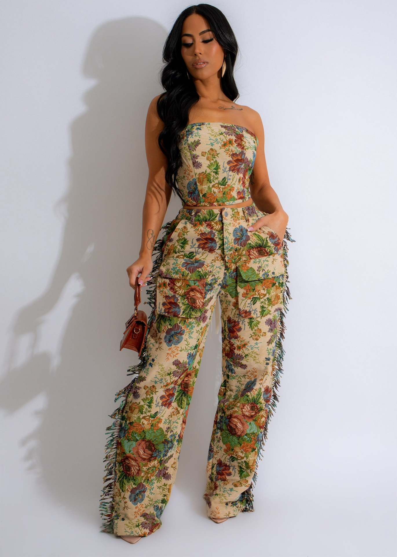 Lace-up Bustier Tassel Trousers Jacquard Fashion Suit