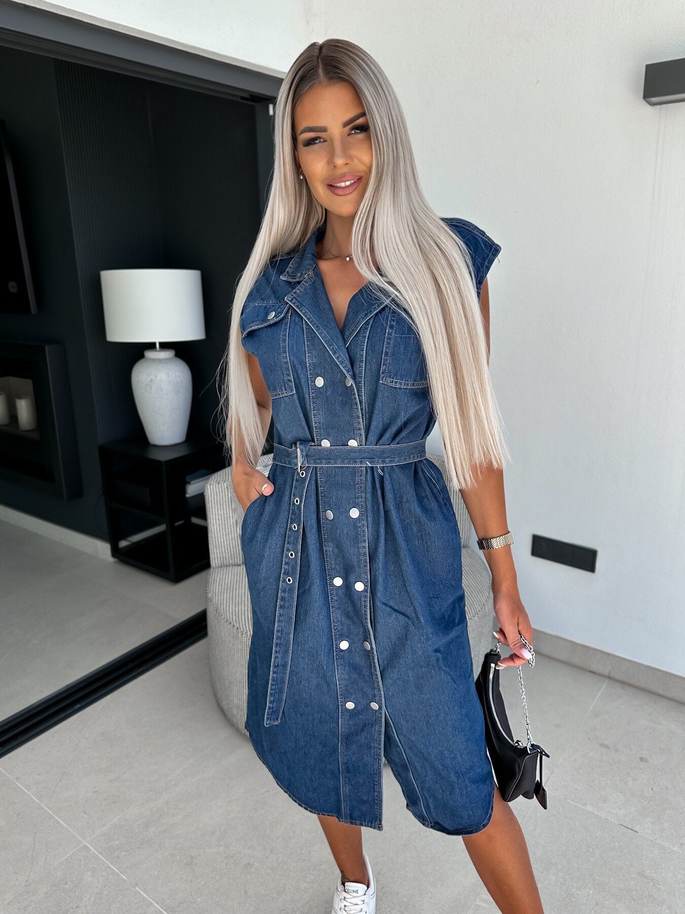 Casual Lapel Sleeveless Buttoned Open-Cheek Waist Tie Denim Dress