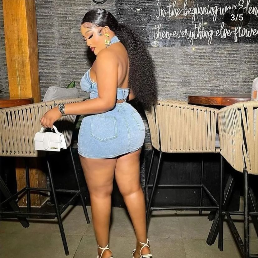 Casual Halter Neck Zipper Sexy Stretch Washed Denim Skirt Set