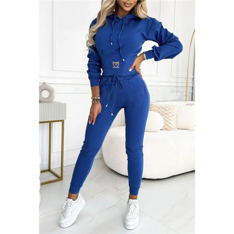 Waist-cinching Hooded Top and Trousers Casual Sportswear Set