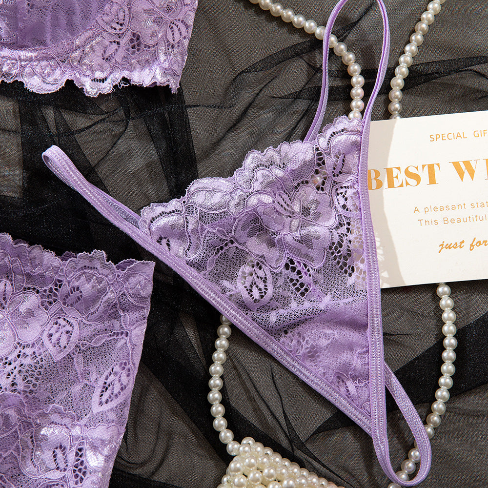 Sexy Light Purple Lace See-through Steel Ring Gathered Hip Skirt Three-piece Set