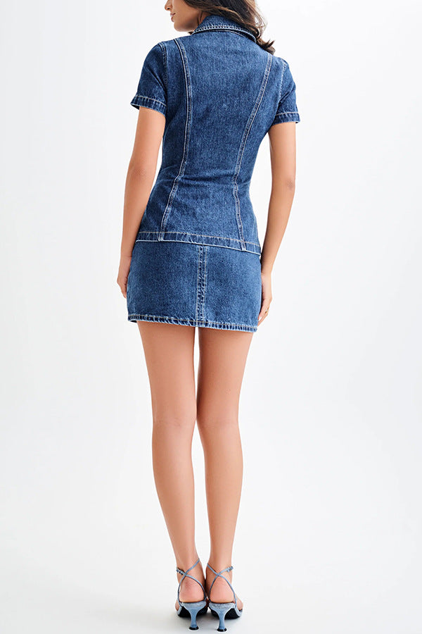 Modern Style Denim Short Sleeve Button High Waist Skirt Suit