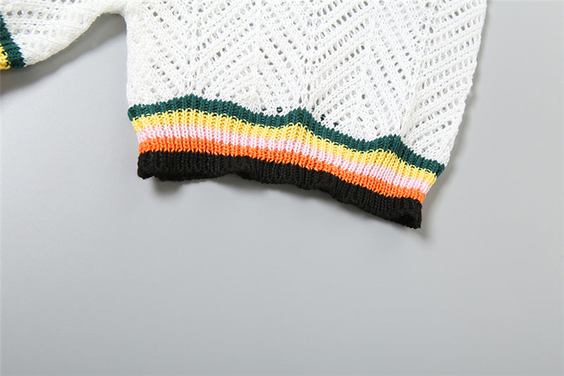 Knitted Hollow Lapel Cardigan High Waist Shorts Casual Suit