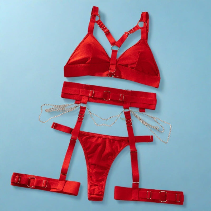 Sexy Waist-corset Bodysuit Metal Ring Chain Gathers No-wire Bra Three-piece Set