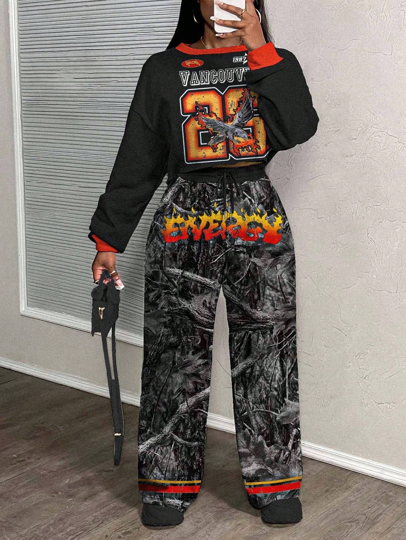 Casual Letter Print Crew Neck Sweatshirt and Pants Set