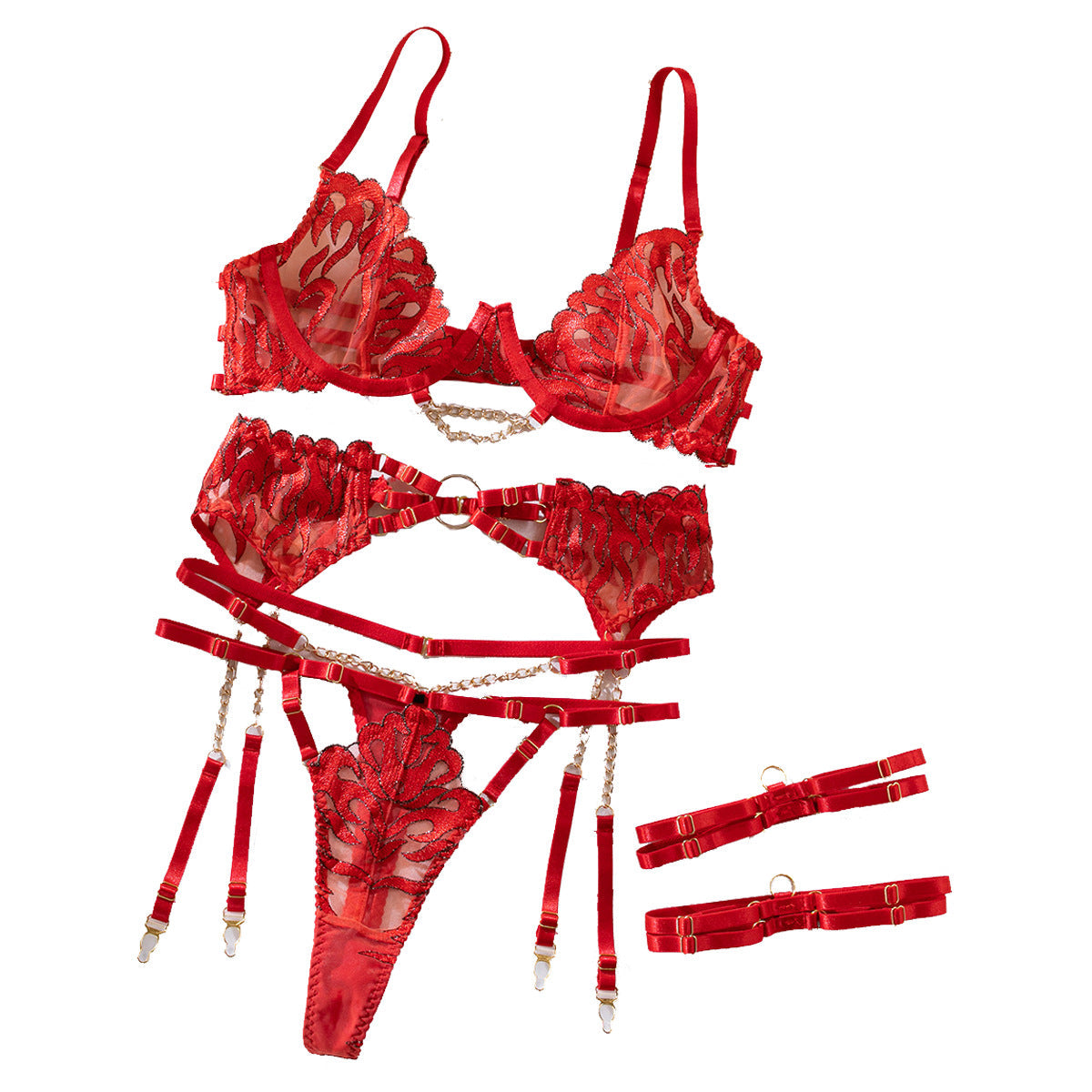 Flame Embroidery Metal Chain Underwire Gathered Waist Corset Bra Set