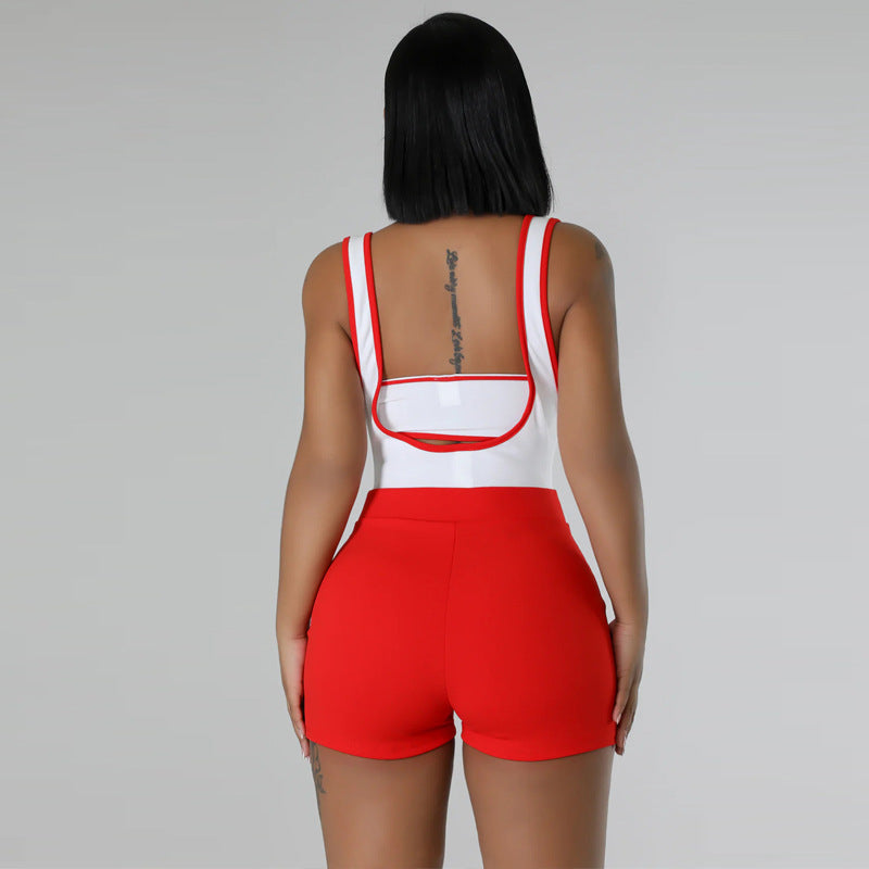 Sexy Colorblock Sleeveless Suspender Stretch Shorts Two-piece Set