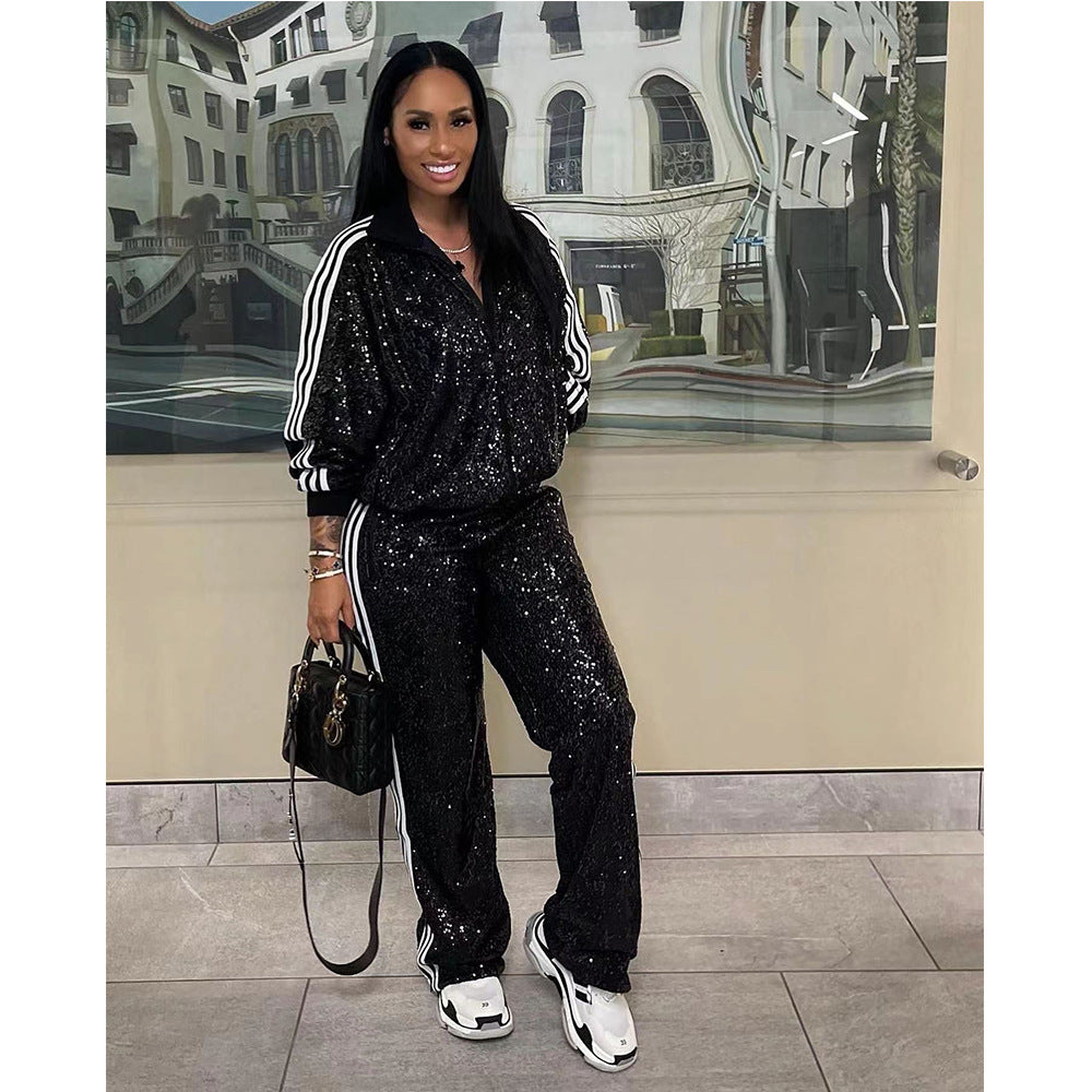 Sequined Casual Long-sleeved Jacket and Trousers Set