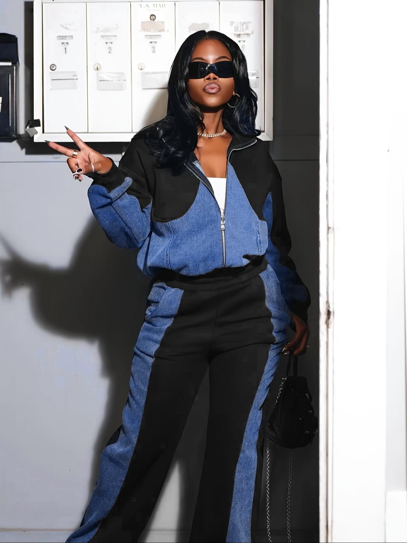 Denim Patchwork Jacket and Trousers Set