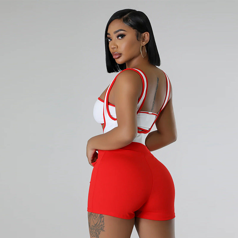 Sexy Colorblock Sleeveless Suspender Stretch Shorts Two-piece Set