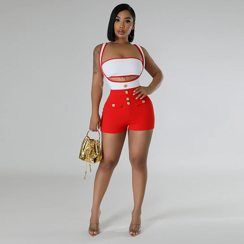 Sexy Colorblock Sleeveless Suspender Stretch Shorts Two-piece Set