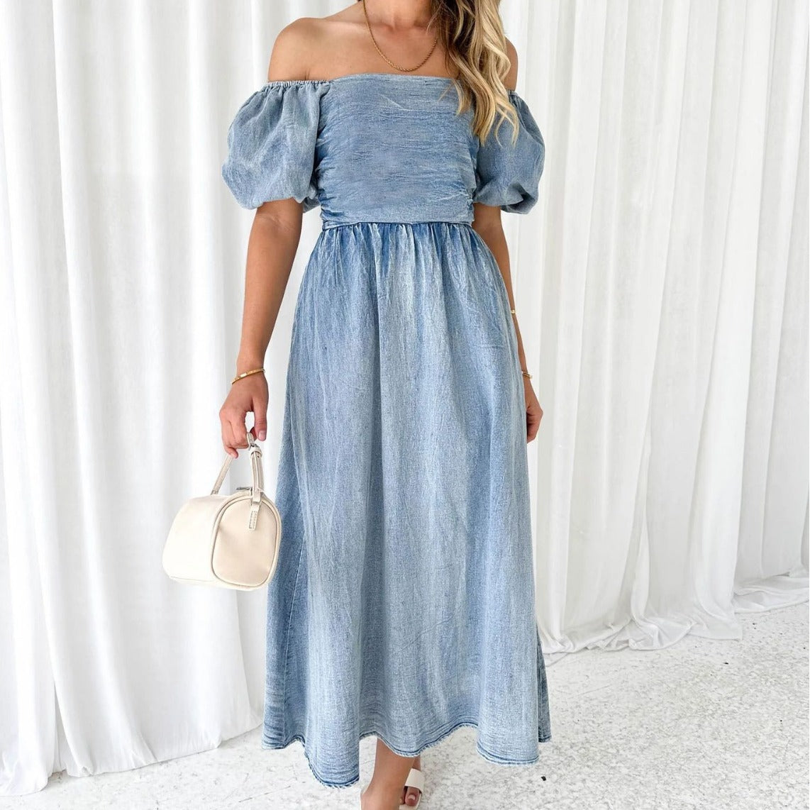 Elegant Puff Sleeve Waisted Long Denim Dress with Elastic Waist