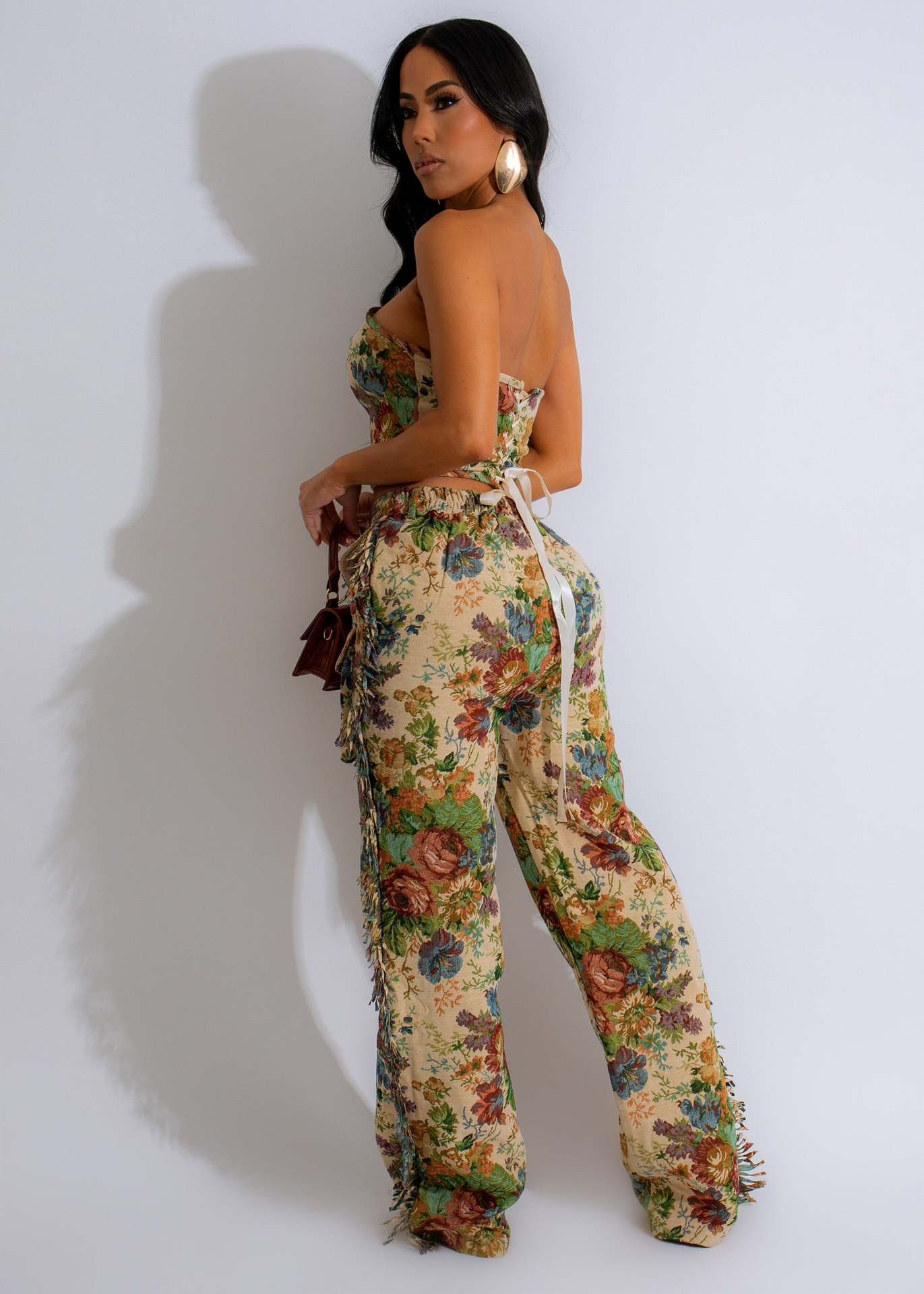 Lace-up Bustier Tassel Trousers Jacquard Fashion Suit
