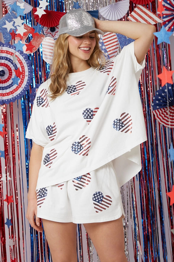 Summer New Independence Day Sequined Short Sleeve Shorts Set