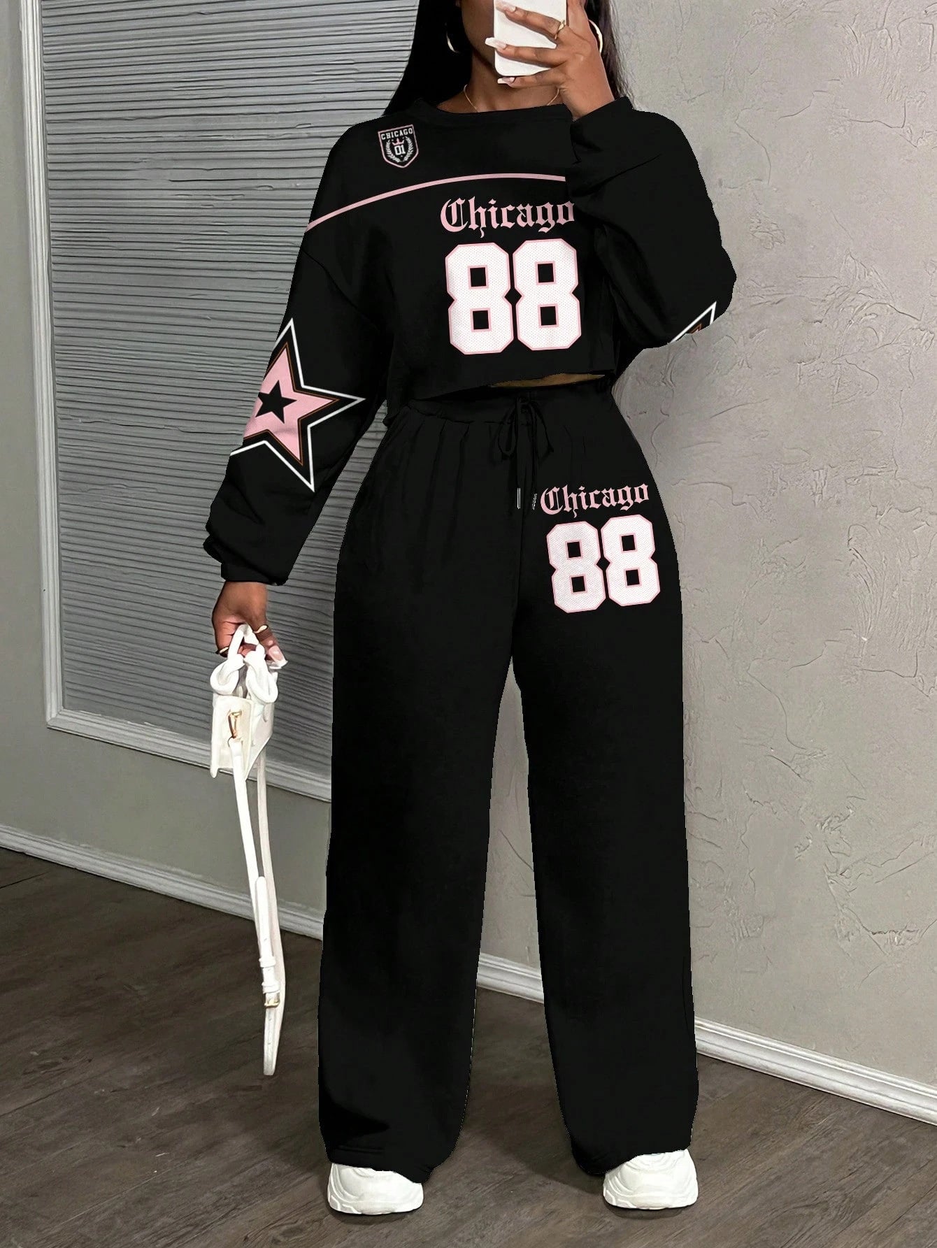 Casual Letter Print Crew Neck Sweatshirt and Pants Set