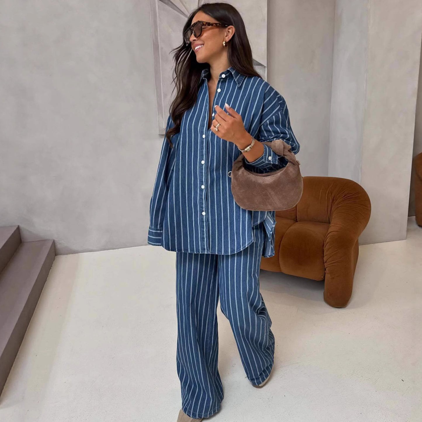 Long-sleeved Collared Cardigan Striped Shirt and Trousers Casual Suit