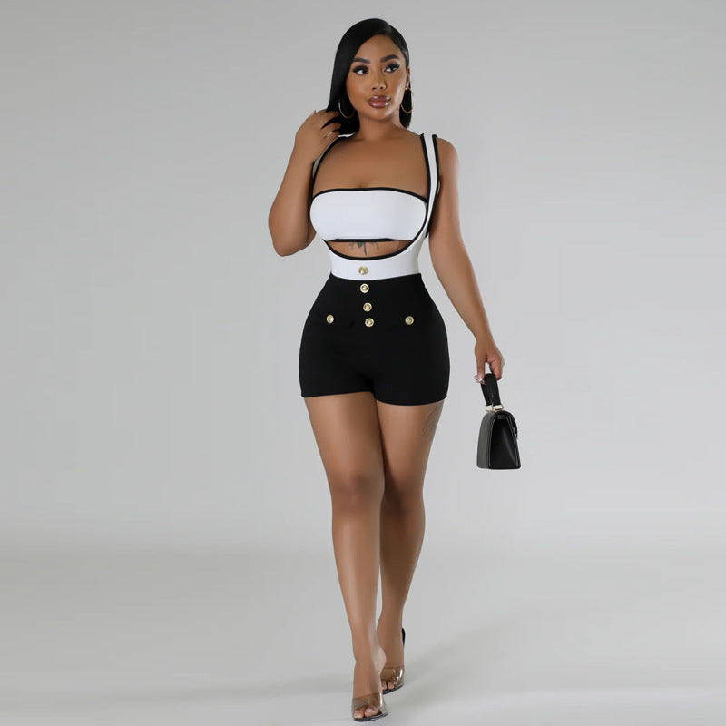 Sexy Colorblock Sleeveless Suspender Stretch Shorts Two-piece Set
