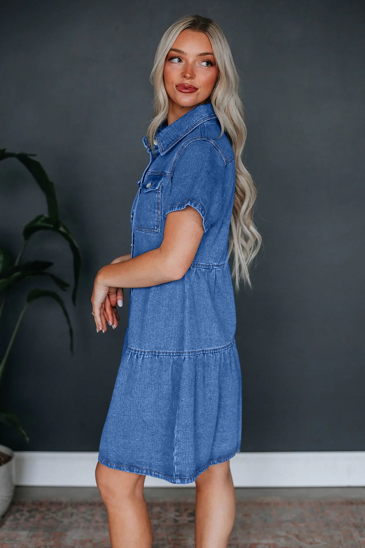 Short-sleeved Lapel Button-down Casual Denim Dress