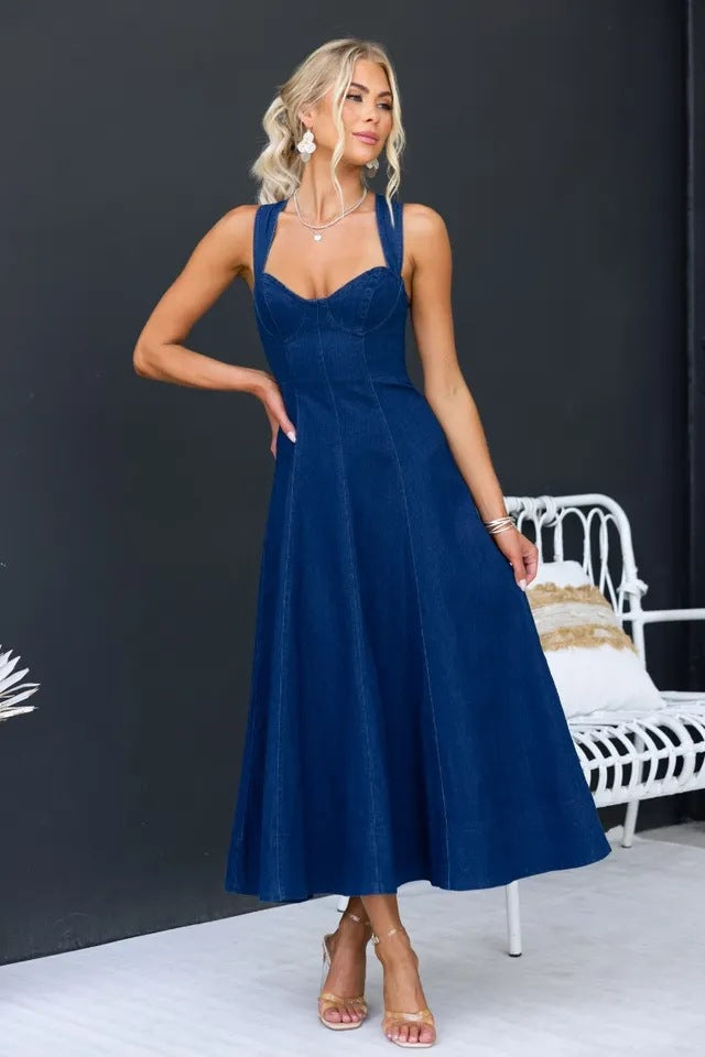 Elegant Solid Color Waist-length Denim Suspender Dress