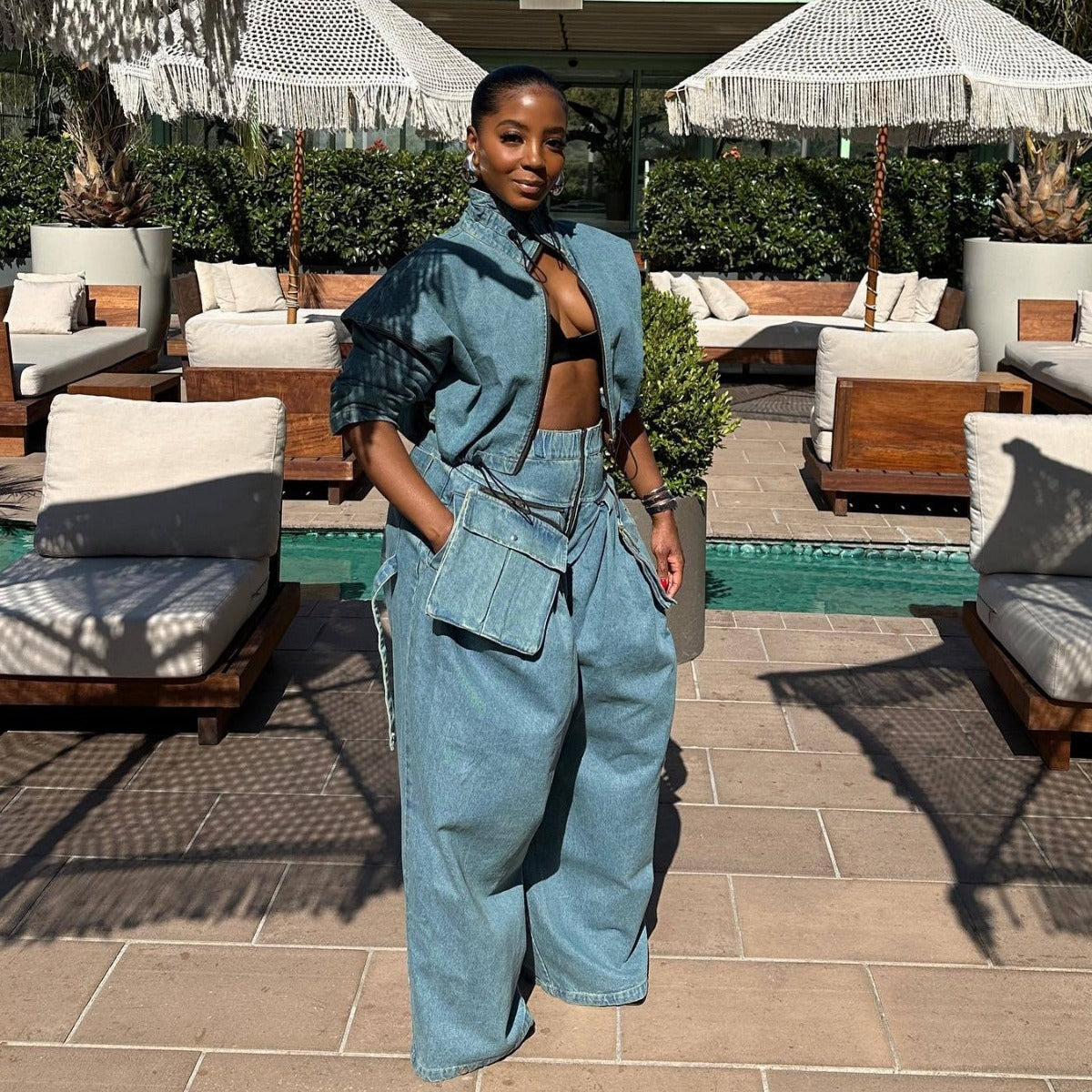 Fashion Retro Wide Leg Loose Heavy Denim Two-piece Suit