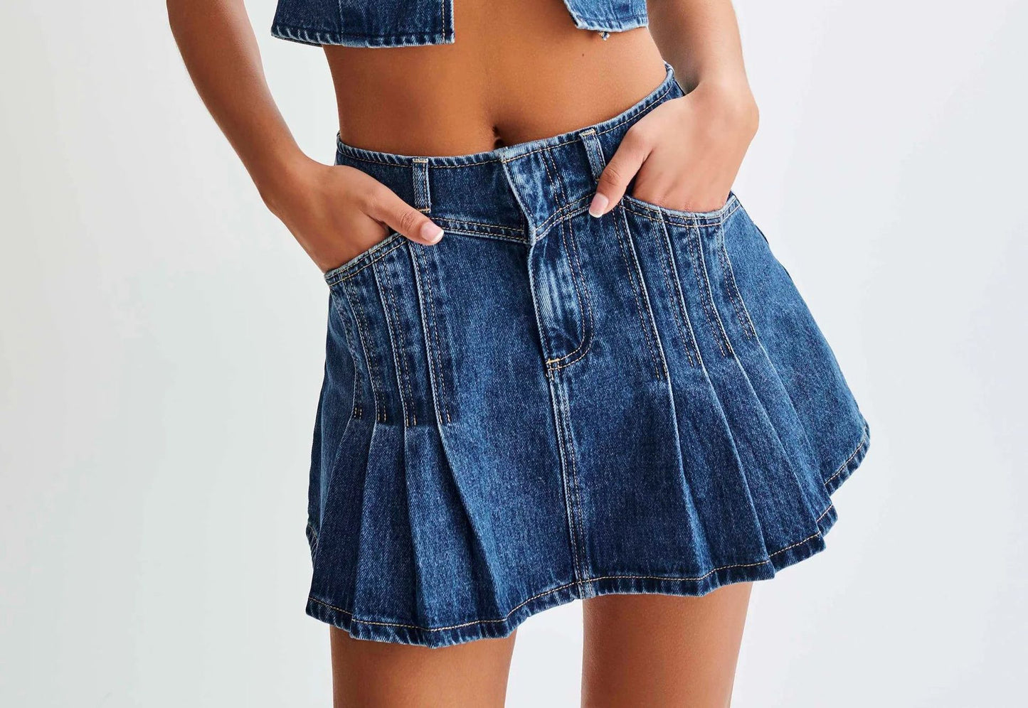 Fashion Personality Sleeveless Drawstring Top Denim Skirt Suit
