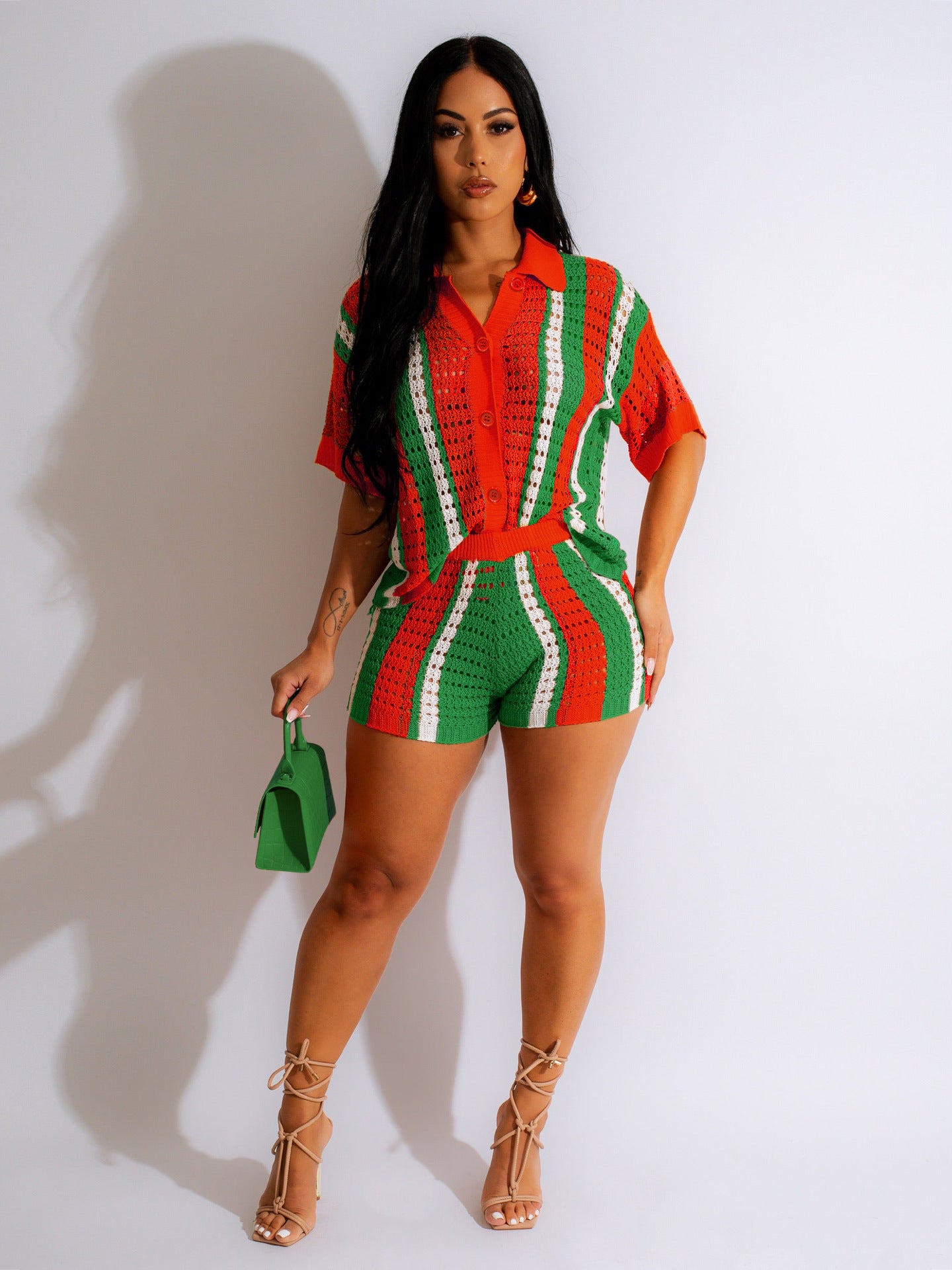 Hollow Transparent Contrast Lapel Knitted Shorts Set