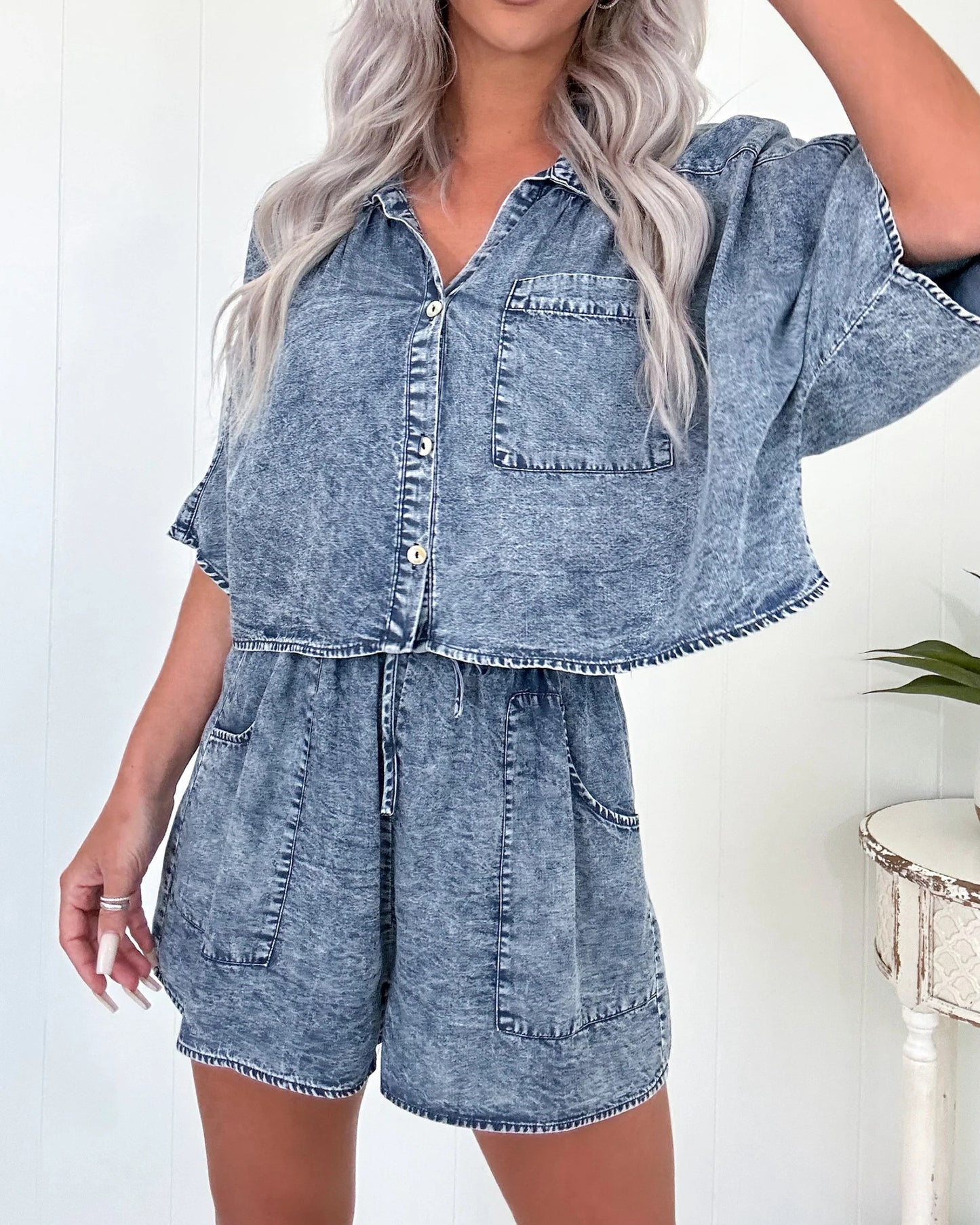 Fashion Casual Loose Washed Ladies Shirt Denim Shorts Suit