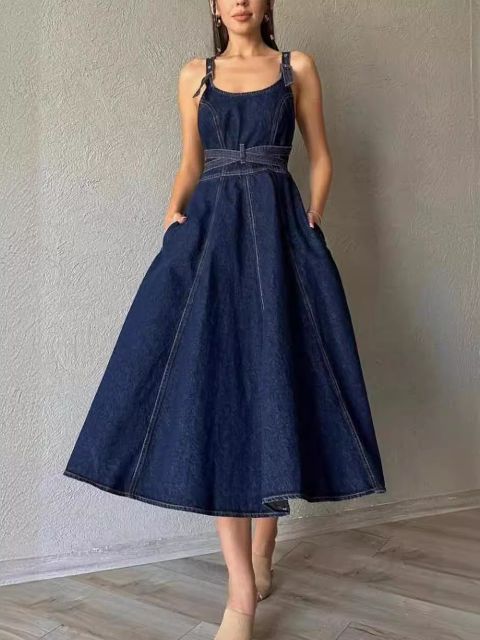 Elegant Solid Color Waist-length Denim Suspender Dress
