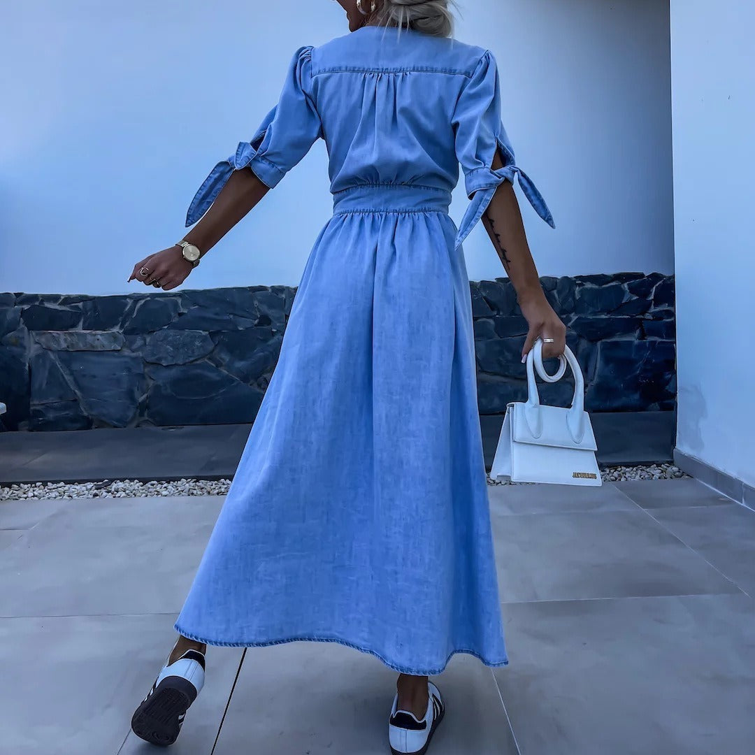 Fashionable and Sexy V-neck Long Multi-button Denim Dress