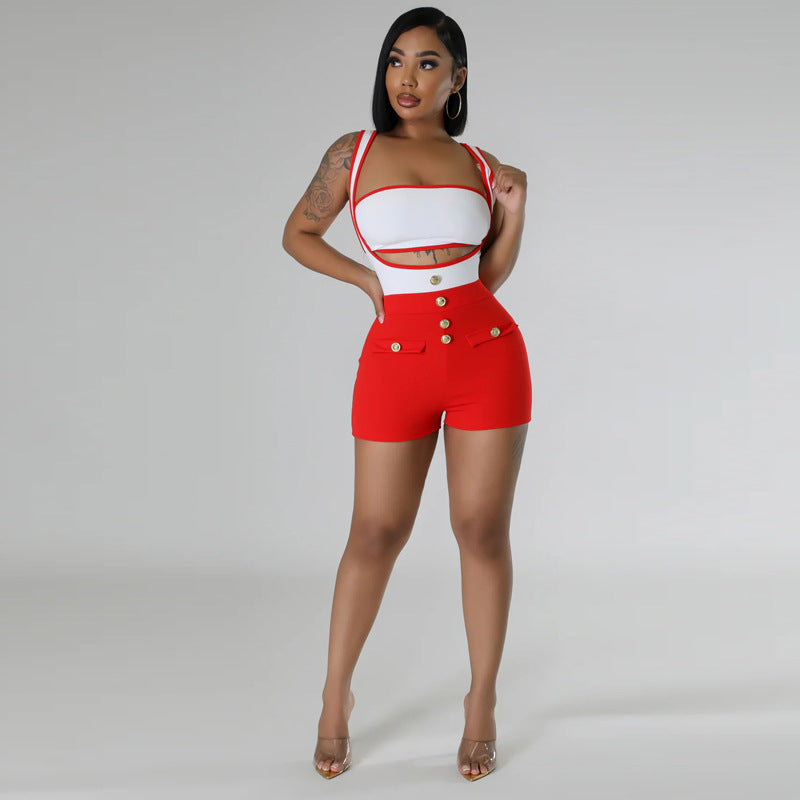 Sexy Colorblock Sleeveless Suspender Stretch Shorts Two-piece Set