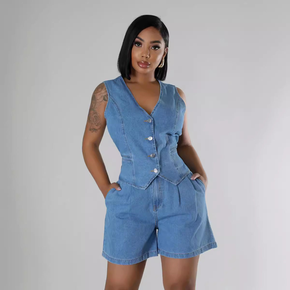 Fashion Casual Sleeveless High Waist Denim Shorts Set