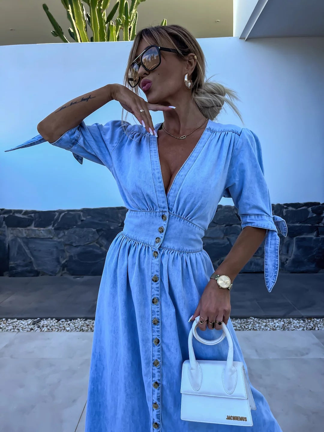 Fashionable and Sexy V-neck Long Multi-button Denim Dress