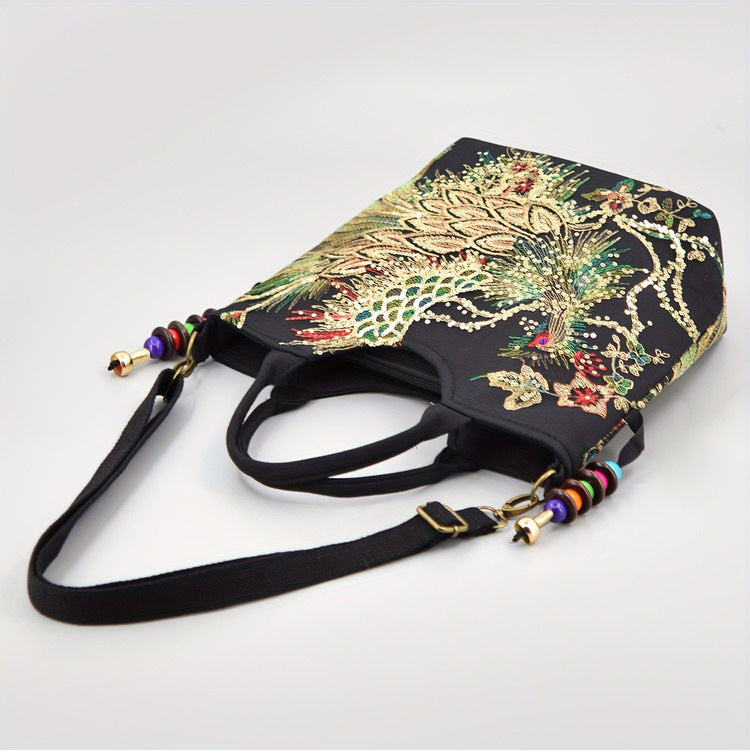 Vintage Canvas Embroidered Large Capacity Shoulder Strap Crossbody Tote Bag