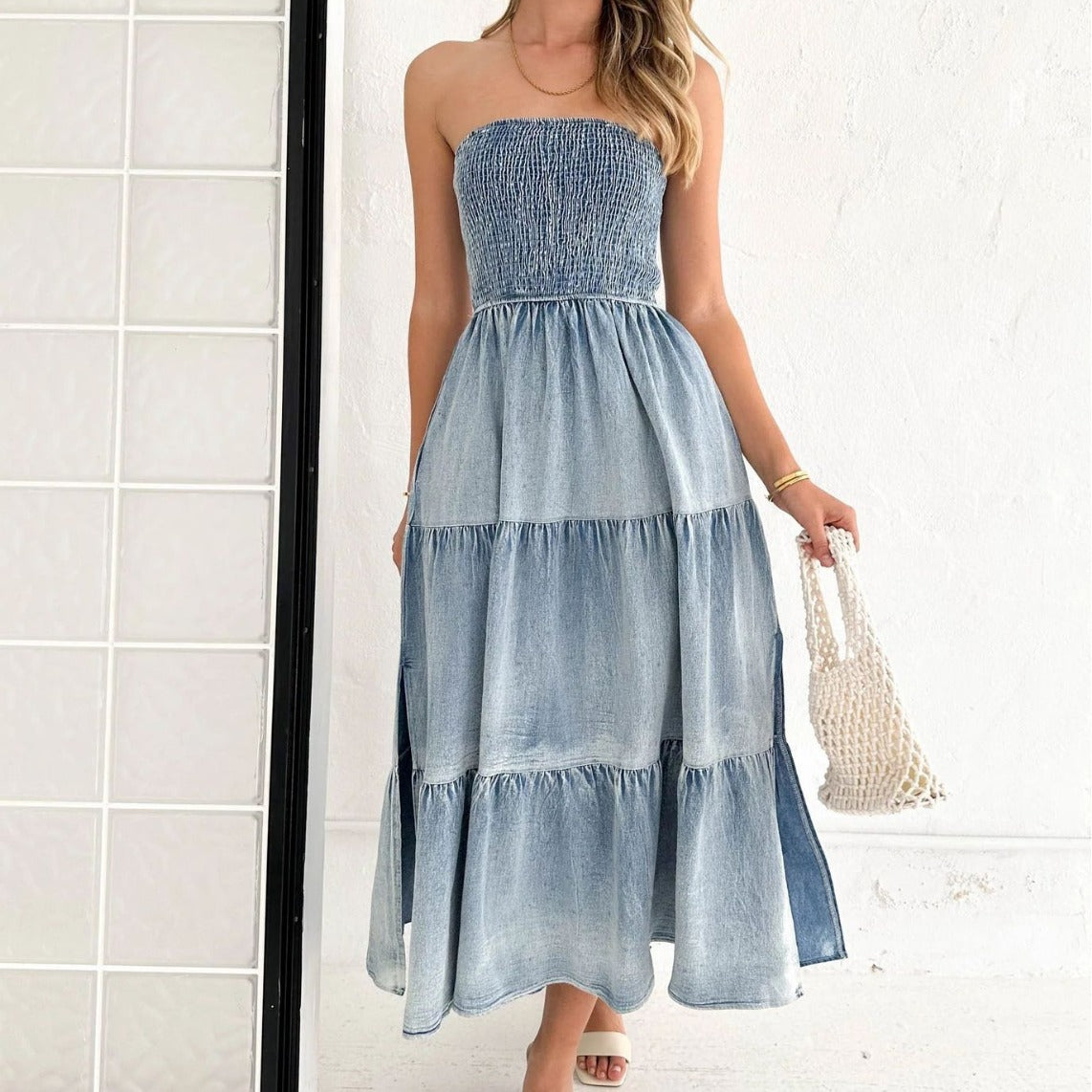 Temperament Elegant Hem Splicing Side Slit Tube Top Cake Denim Long Skirt