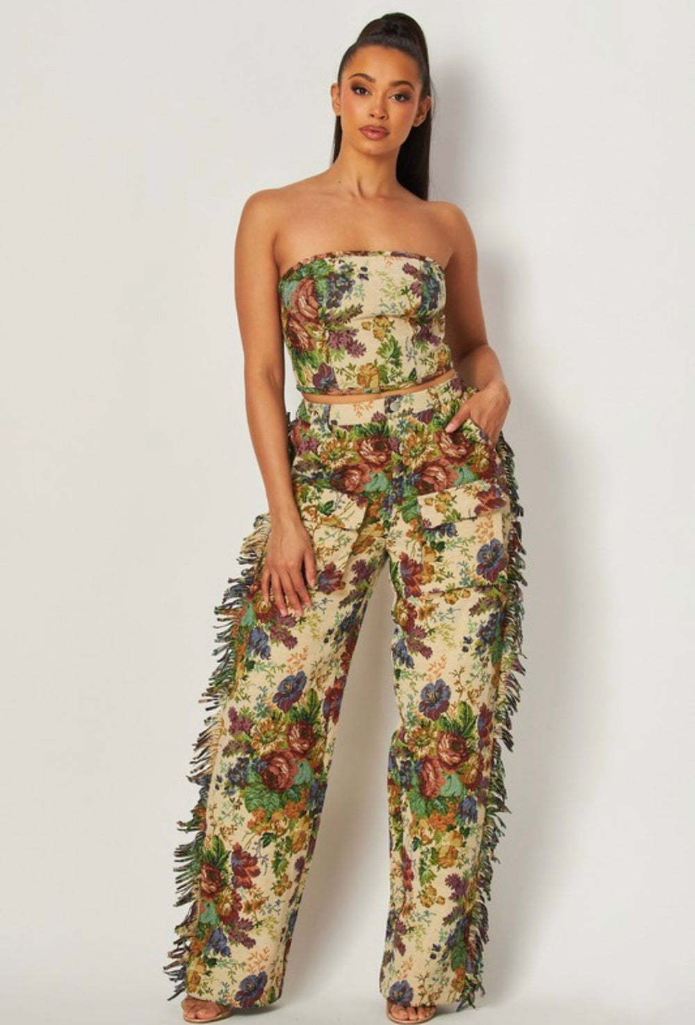 Lace-up Bustier Tassel Trousers Jacquard Fashion Suit