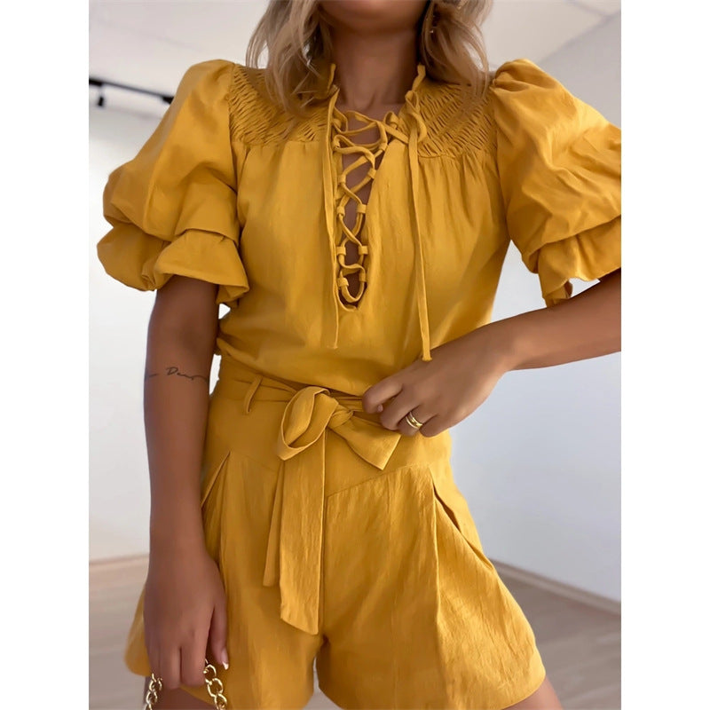 Stand Collar, Pile Sleeves, Shirt, High Waist, Tie-dye, Straight Shorts, Two-piece Suit