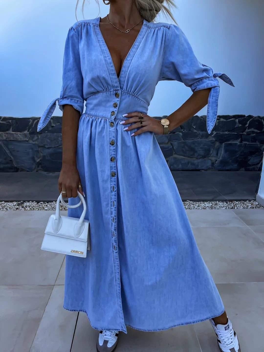 Fashionable and Sexy V-neck Long Multi-button Denim Dress