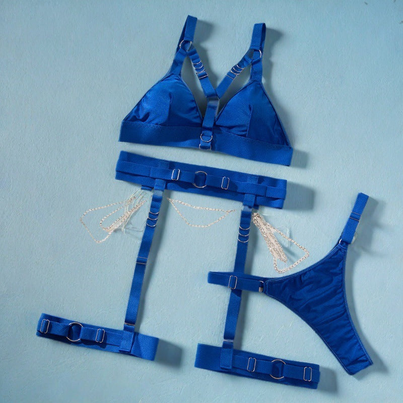 Sexy Waist-corset Bodysuit Metal Ring Chain Gathers No-wire Bra Three-piece Set