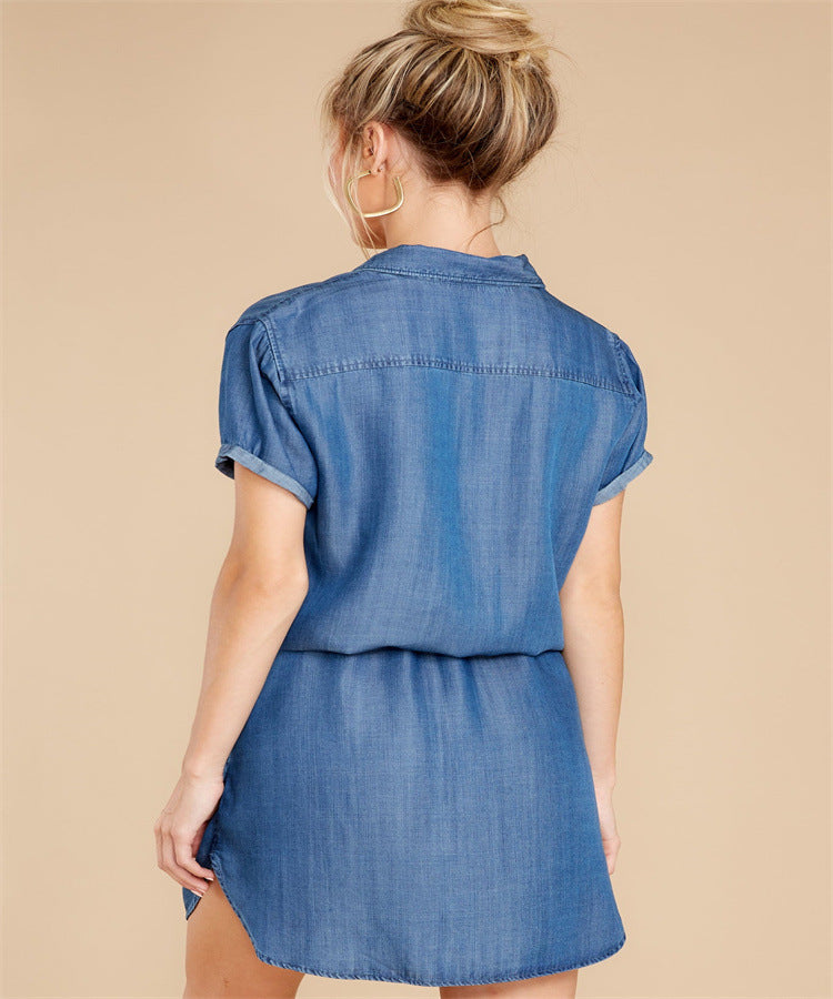 Urban Casual Solid Color Cardigan Short Sleeve Denim Skirt Shirt