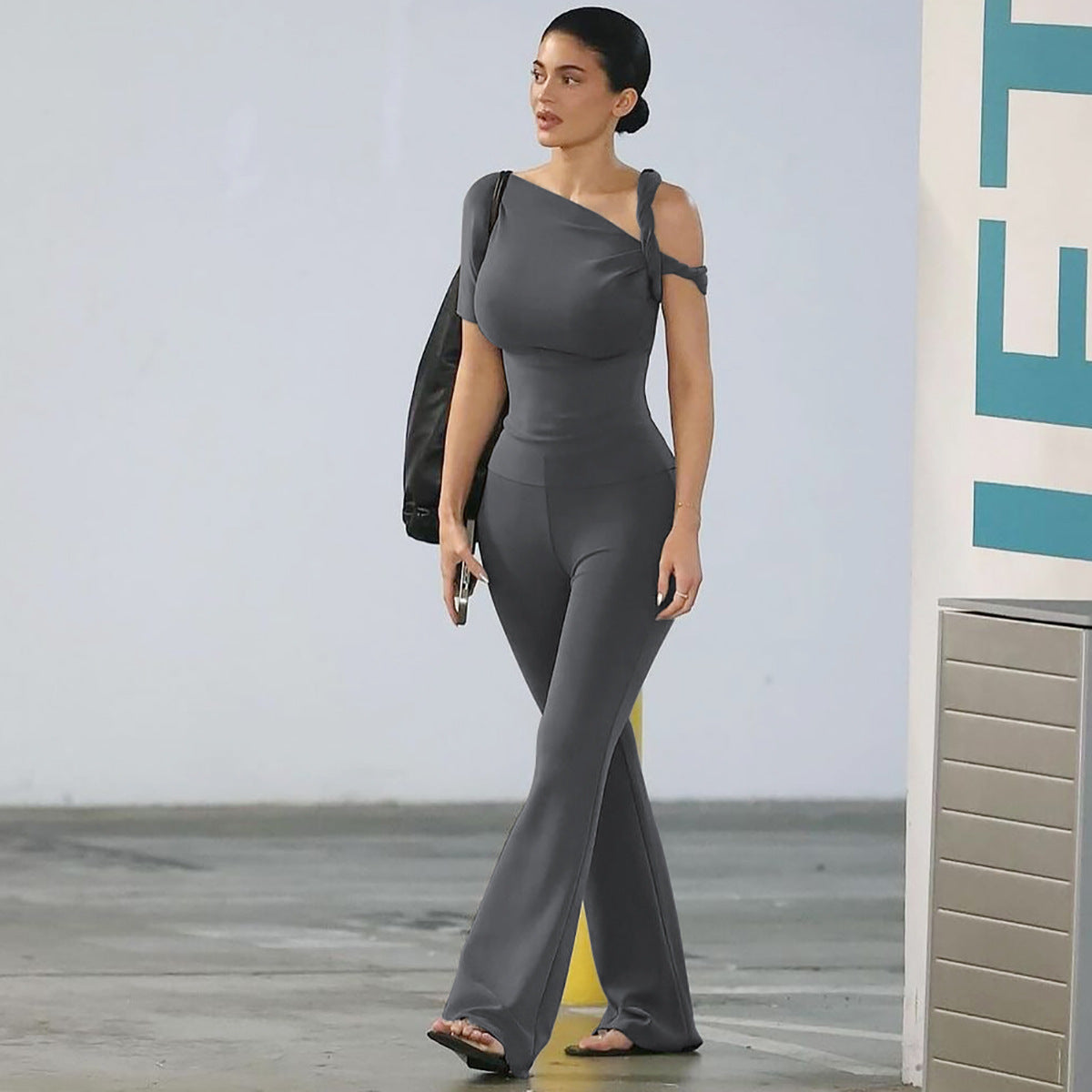 Fashionable Oblique Collar One-shoulder Short-sleeved Top Slim-fit Trousers Suit