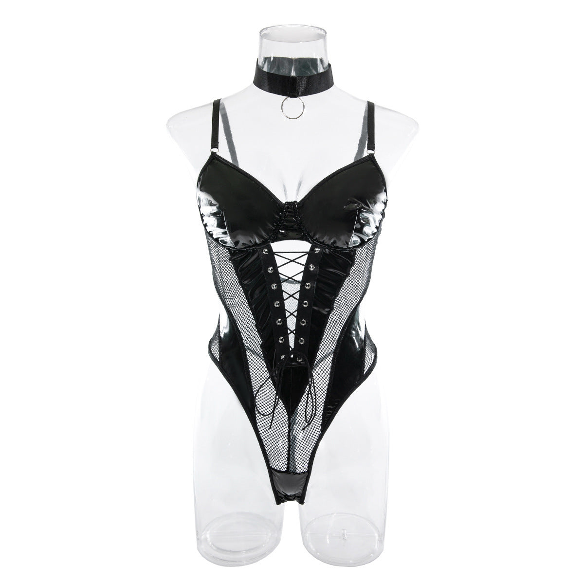 Nightclub Hottie Mesh Splicing Leather Tight Hollow Back Jumpsuit
