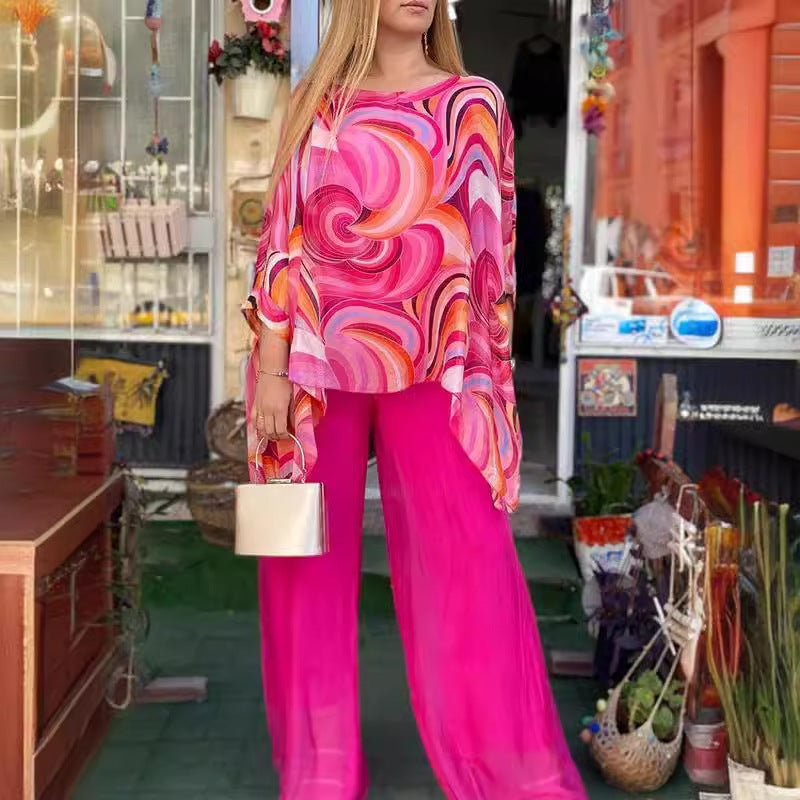 Casual Round Neck Colorful Printed Chiffon Suit