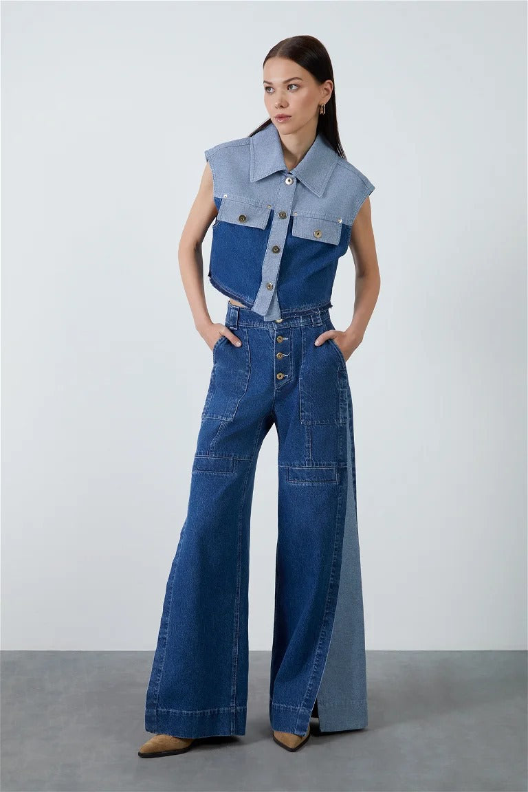 Retro Loose Short Lapel Single-breasted Denim Vest + Jeans