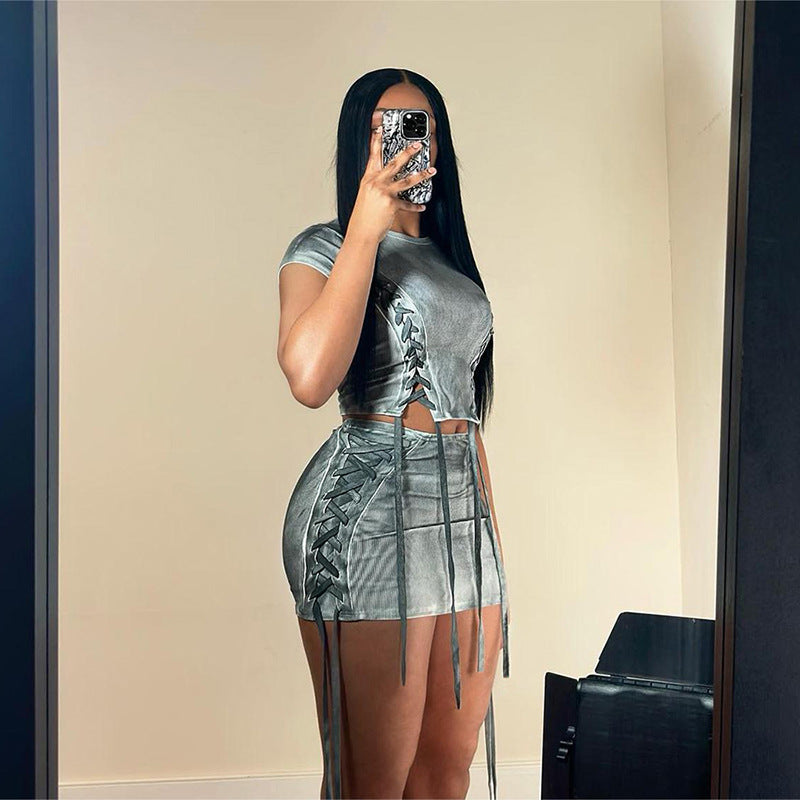 Fashion Casual Drawstring Pleated Gradient Color High Waist Slim Short Skirt Suit