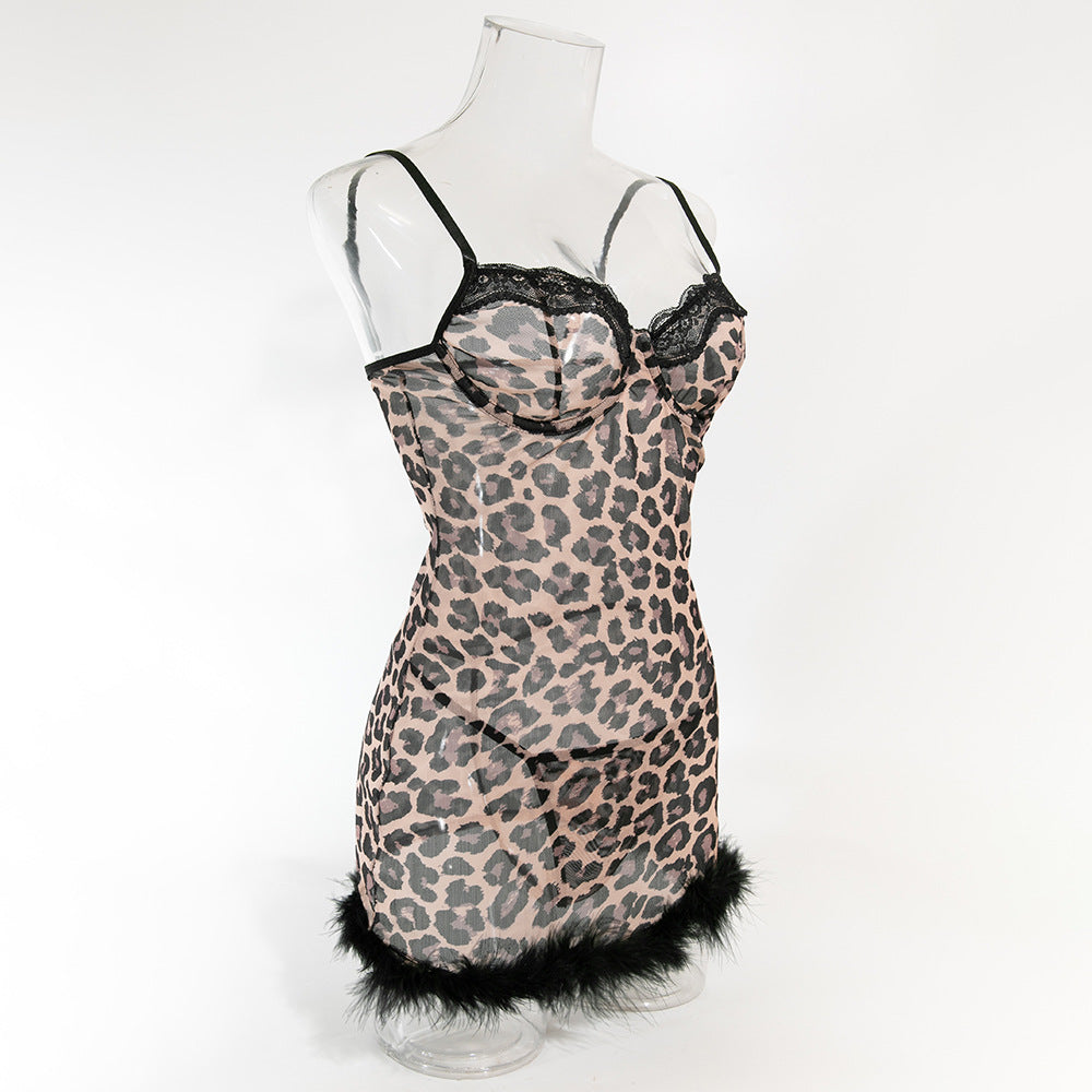 Sexy Wild Leopard Print Stitching Feather Underwire Gathered Dress Thong